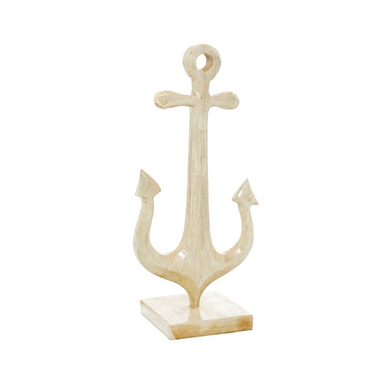 WHITE TEAK WOOD COASTAL ANCHOR SCULPTURE