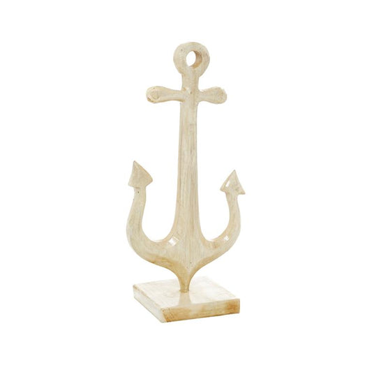 WHITE TEAK WOOD COASTAL ANCHOR SCULPTURE