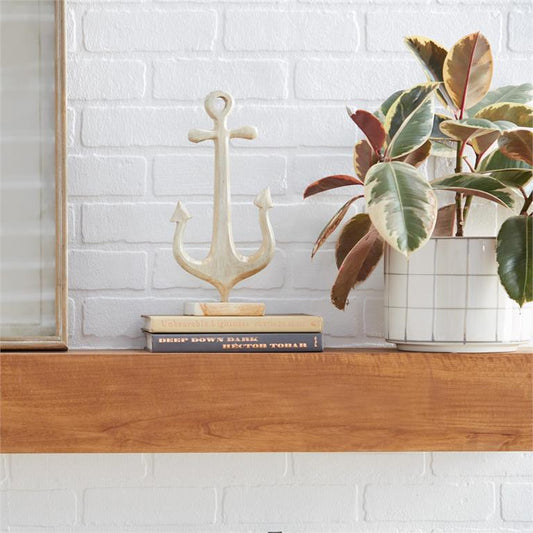 WHITE TEAK WOOD COASTAL ANCHOR SCULPTURE
