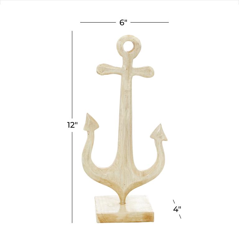 WHITE TEAK WOOD COASTAL ANCHOR SCULPTURE