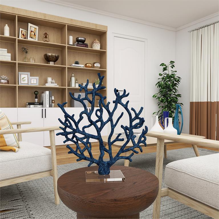 BLUE POLYSTONE CORAL TEXTURED POROUS SCULPTURE WITH ACRYLIC BASE