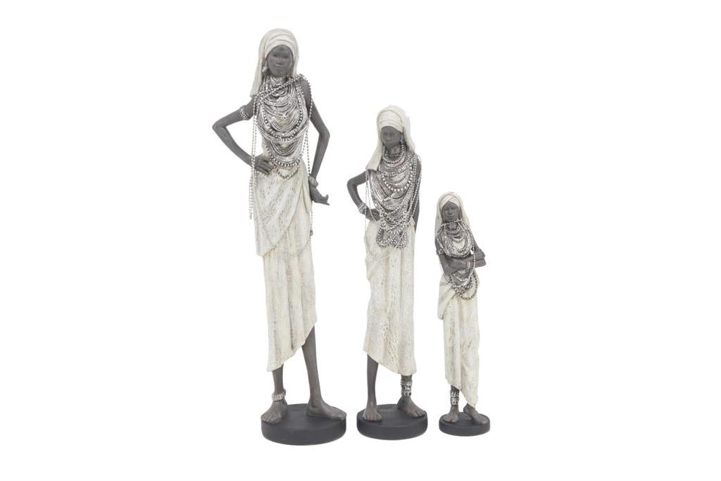 WHITE POLYSTONE WOMAN STANDING AFRICAN SCULPTURE WITH INTRICATE DETAILS