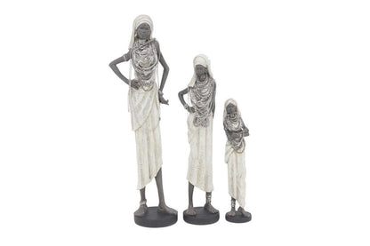 WHITE POLYSTONE WOMAN STANDING AFRICAN SCULPTURE WITH INTRICATE DETAILS
