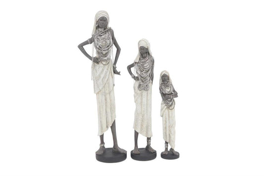 WHITE POLYSTONE WOMAN STANDING AFRICAN SCULPTURE WITH INTRICATE DETAILS