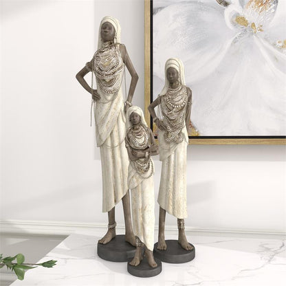 WHITE POLYSTONE WOMAN STANDING AFRICAN SCULPTURE WITH INTRICATE DETAILS
