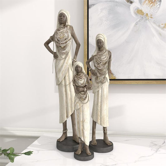 WHITE POLYSTONE WOMAN STANDING AFRICAN SCULPTURE WITH INTRICATE DETAILS