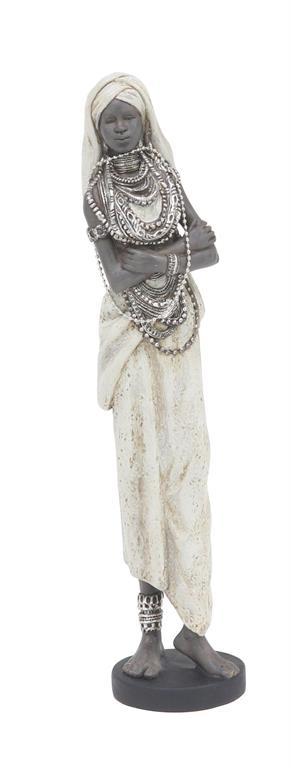 WHITE POLYSTONE WOMAN STANDING AFRICAN SCULPTURE WITH INTRICATE DETAILS