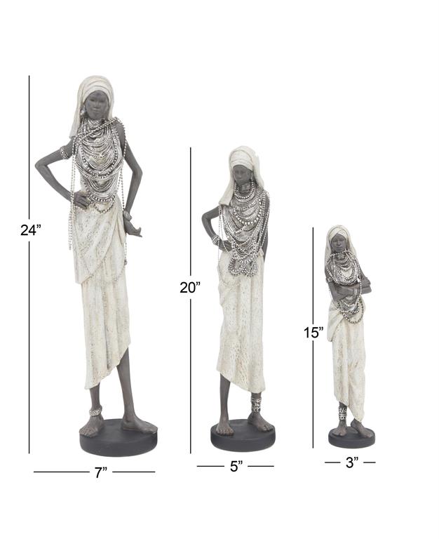 WHITE POLYSTONE WOMAN STANDING AFRICAN SCULPTURE WITH INTRICATE DETAILS