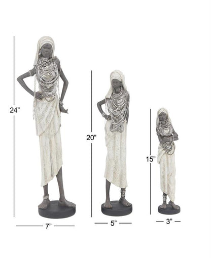 WHITE POLYSTONE WOMAN STANDING AFRICAN SCULPTURE WITH INTRICATE DETAILS