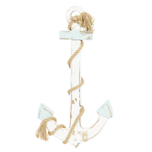 WHITE WOOD ANCHOR WALL DECOR WITH TWISTED ROPE