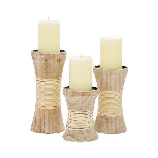 SET OF 3 BROWN WOOD COASTAL CANDLE HOLDER