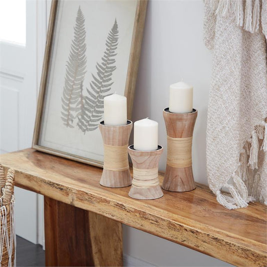 SET OF 3 BROWN WOOD COASTAL CANDLE HOLDER