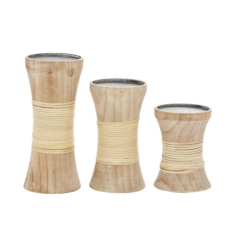 SET OF 3 BROWN WOOD COASTAL CANDLE HOLDER