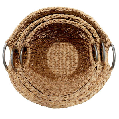 TAN SEAGRASS HANDMADE STORAGE BASKET WITH METAL HANDLES