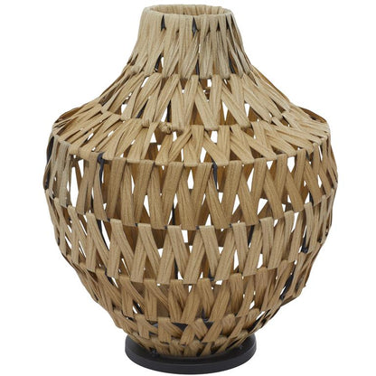 BROWN PLASTIC RATTAN HANDMADE WOVEN VASE WITH BLACK METAL BASE