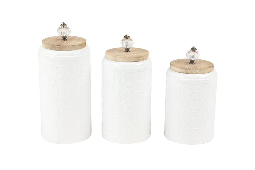 WHITE METAL FLORAL DECORATIVE JARS WITH WOOD LIDS