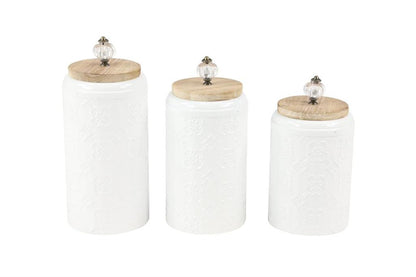 WHITE METAL FLORAL DECORATIVE JARS WITH WOOD LIDS