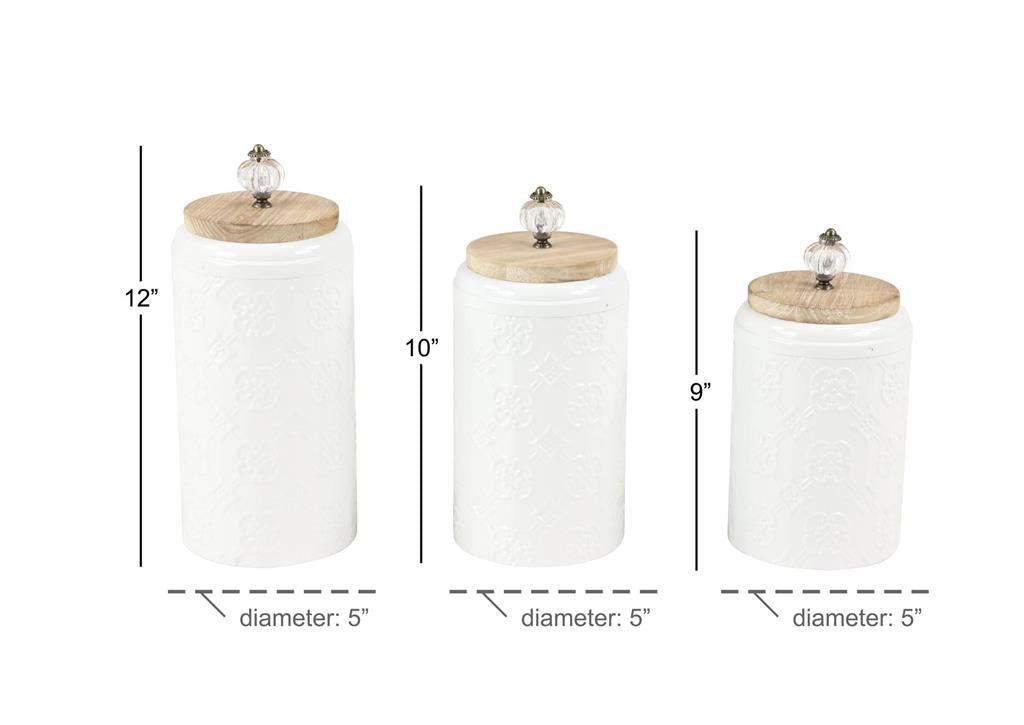 WHITE METAL FLORAL DECORATIVE JARS WITH WOOD LIDS