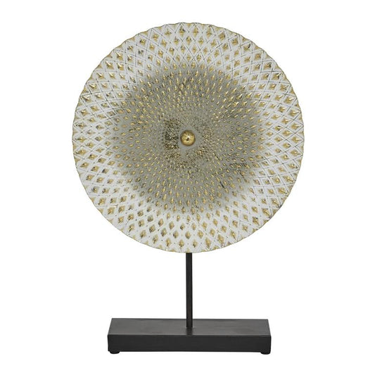 GRAY METAL GEOMETRIC SCULPTURE WITH BLACK BASE,