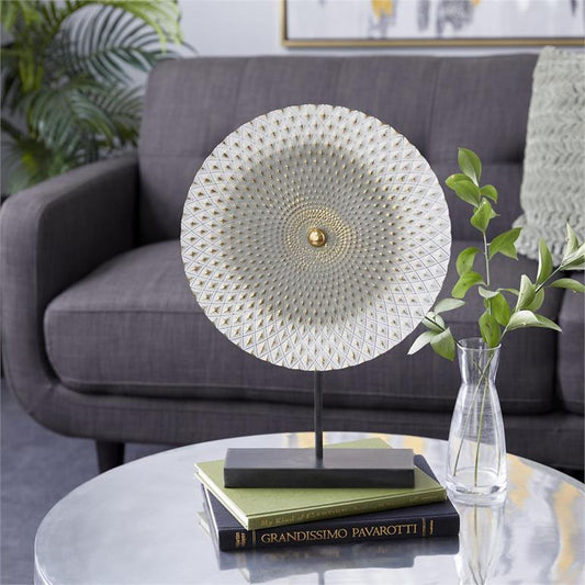 GRAY METAL GEOMETRIC SCULPTURE WITH BLACK BASE,