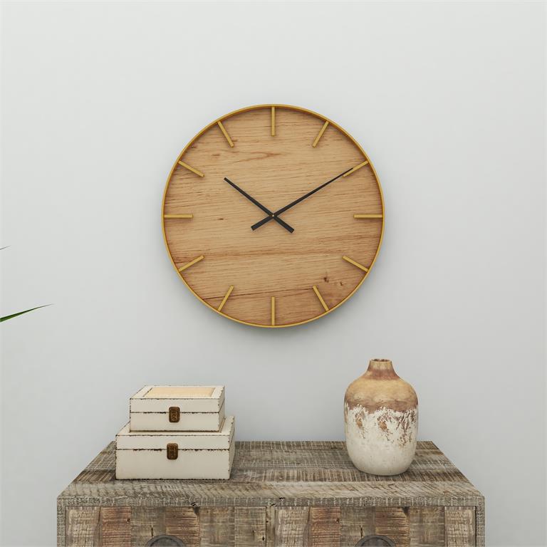 BROWN WOOD WALL CLOCK WITH GOLD ACCENTS