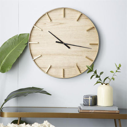 BROWN WOOD WALL CLOCK WITH GOLD ACCENTS