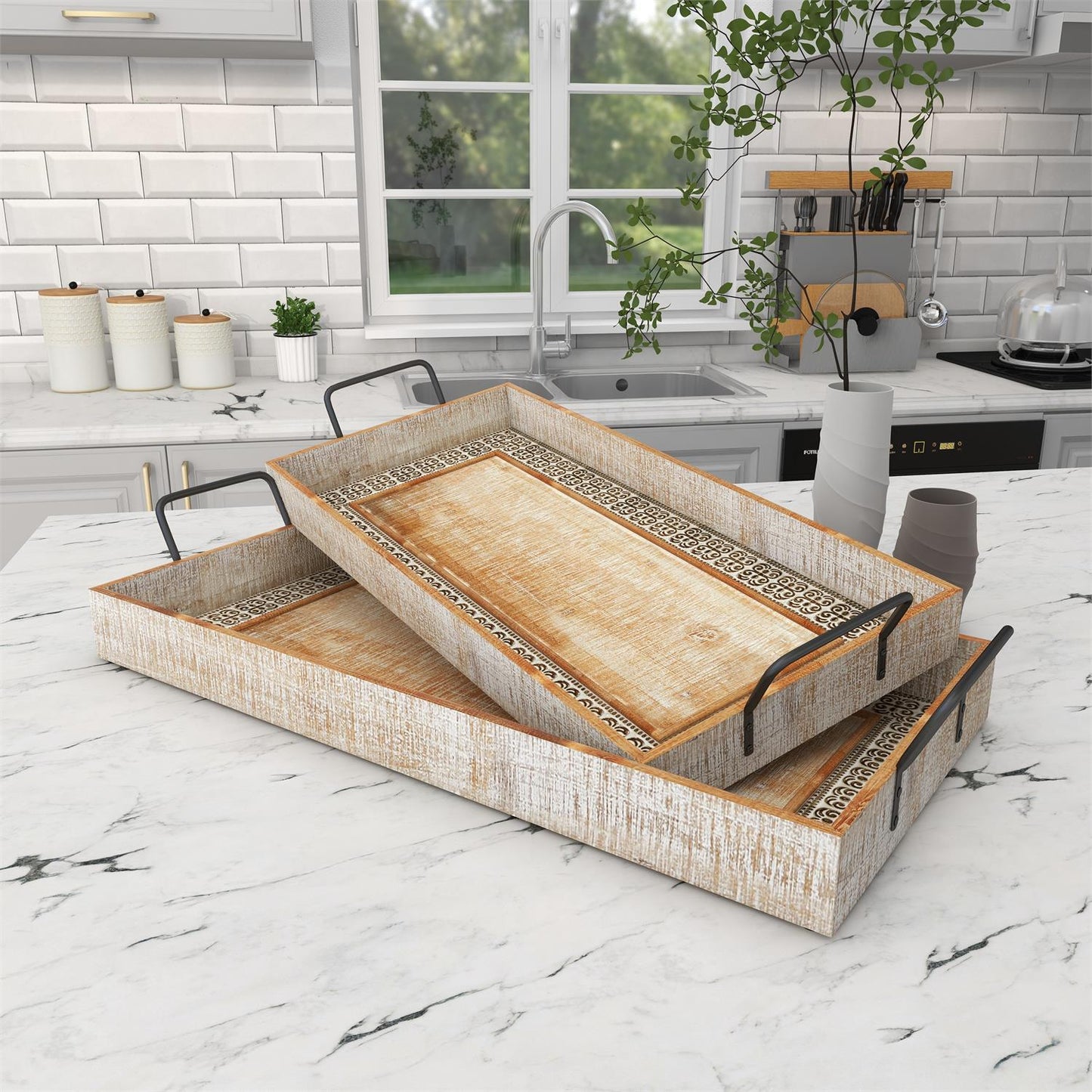 BROWN WOOD TRAY WITH WHITE WASH