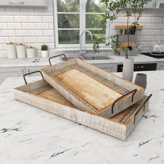 BROWN WOOD TRAY WITH WHITE WASH