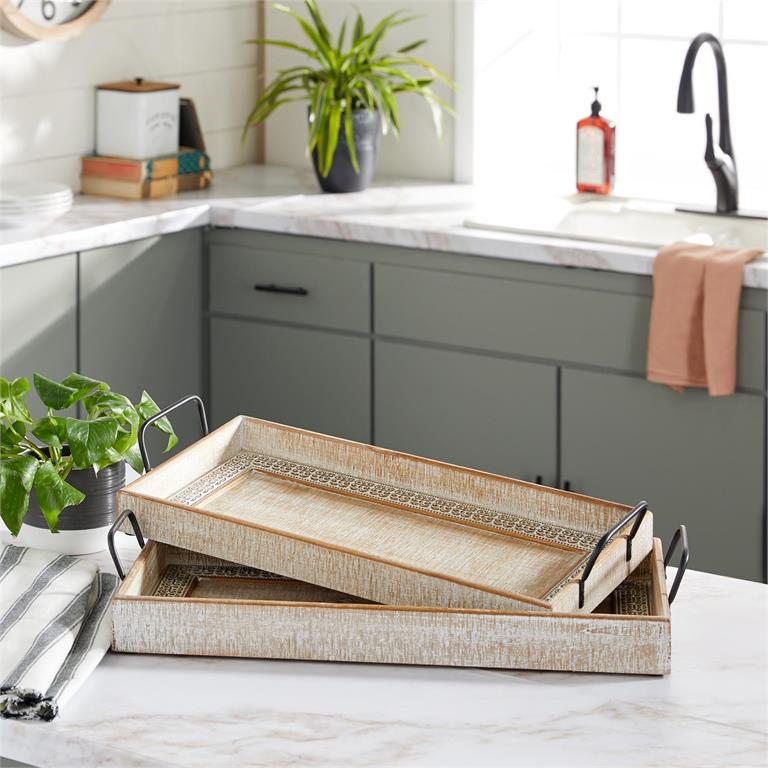 BROWN WOOD TRAY WITH WHITE WASH