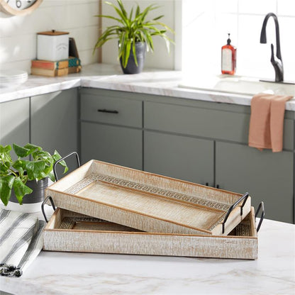 BROWN WOOD TRAY WITH WHITE WASH