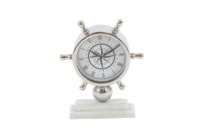 SILVER STAINLESS STEEL SHIP WHEEL CLOCK WITH MARBLE BASE