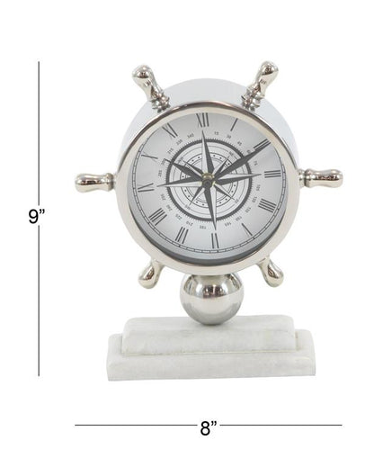 SILVER STAINLESS STEEL SHIP WHEEL CLOCK WITH MARBLE BASE