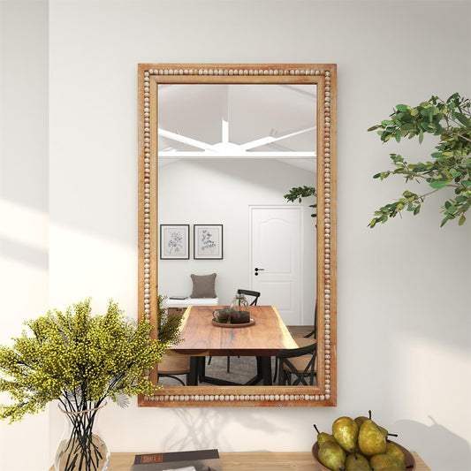 LIGHT BROWN WOOD BEADED FRAME WALL MIRROR WITH DISTRESSING