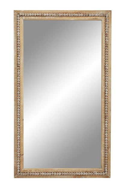 LIGHT BROWN WOOD BEADED FRAME WALL MIRROR WITH DISTRESSING