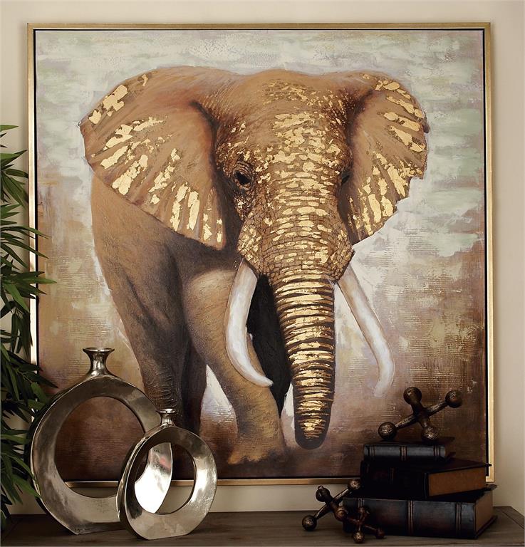 BROWN CANVAS ELEPHANT FRAMED WALL ART WITH GOLD FRAME