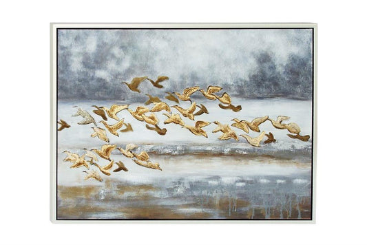 GOLD CANVAS BIRD FRAMED WALL ART WITH SILVER FRAME