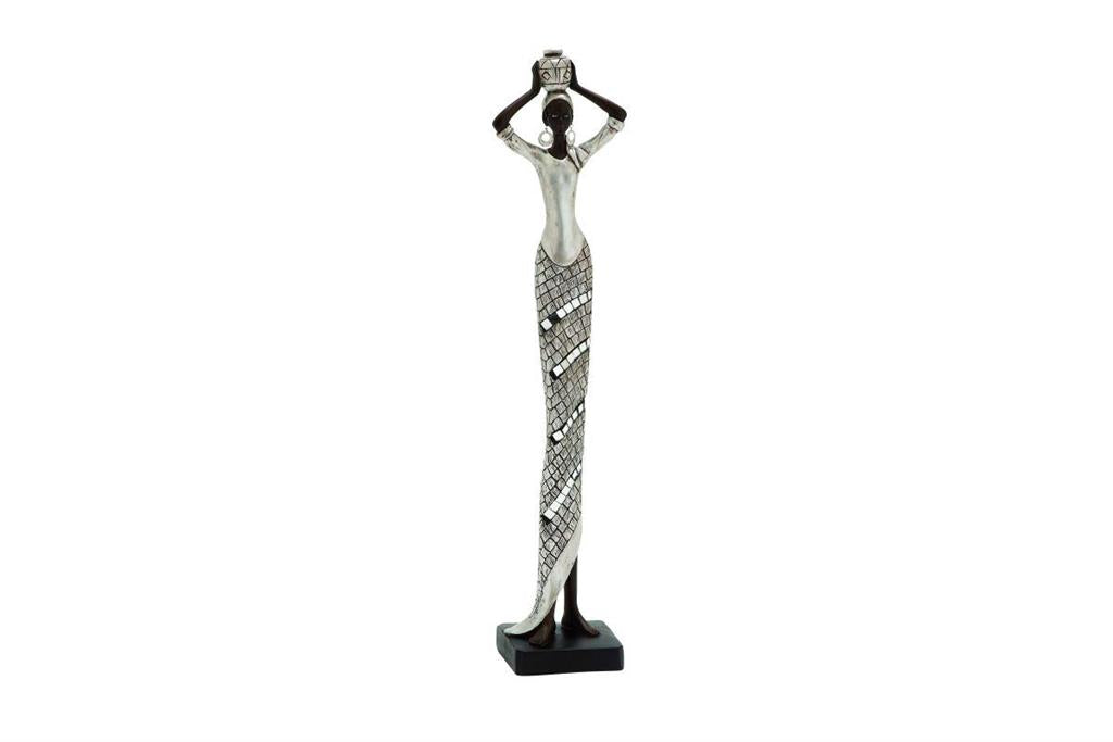 SILVER POLYSTONE WOMAN STANDING AFRICAN SCULPTURE WITH MOSAIC DETAILS
