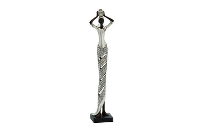 SILVER POLYSTONE WOMAN STANDING AFRICAN SCULPTURE WITH MOSAIC DETAILS