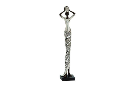 SILVER POLYSTONE WOMAN STANDING AFRICAN SCULPTURE WITH MOSAIC DETAILS