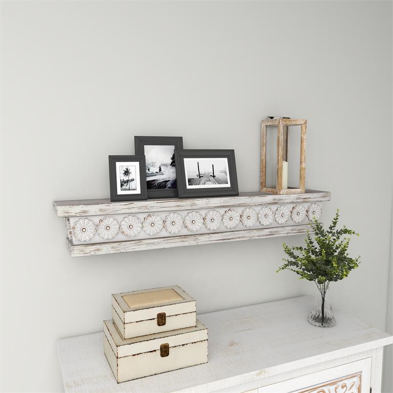 WHITE WOOD FLORAL INTRICATE CARVED 1 SHELF WALL SHELF