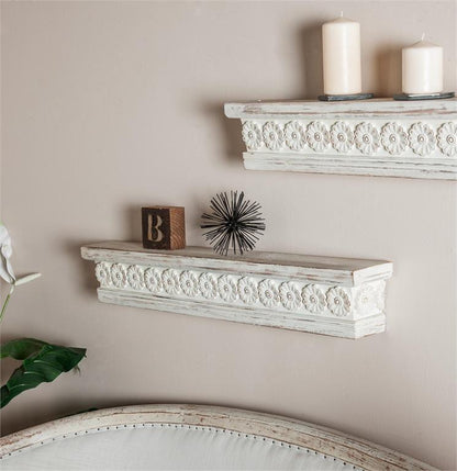 WHITE WOOD FLORAL INTRICATE CARVED 1 SHELF WALL SHELF