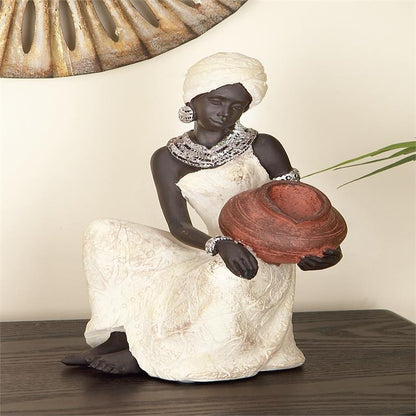 CREAM POLYSTONE WOMAN SITTING AFRICAN SCULPTURE WITH RED WATER POT