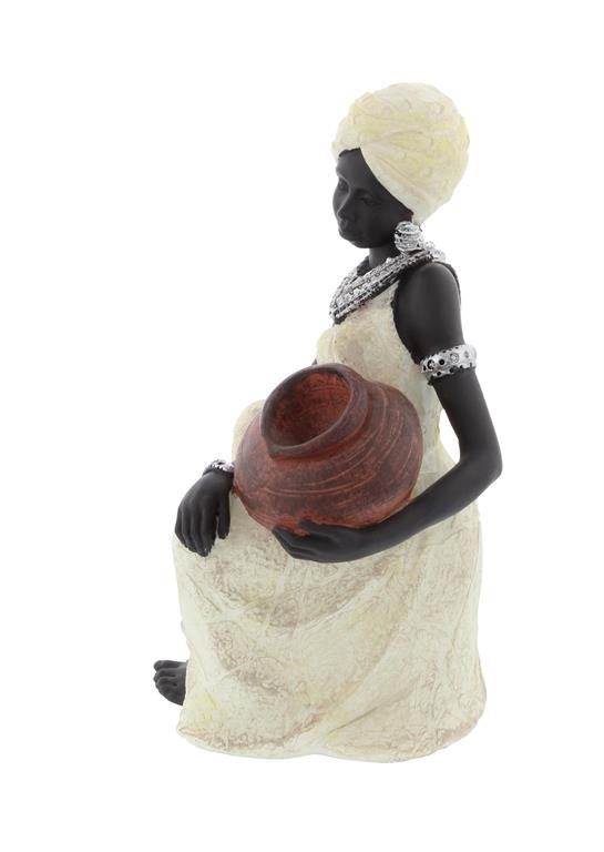 CREAM POLYSTONE WOMAN SITTING AFRICAN SCULPTURE WITH RED WATER POT