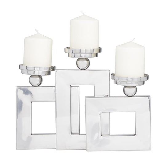 SILVER STAINLESS STEEL PILLAR 3 PLATE CANDLE HOLDER