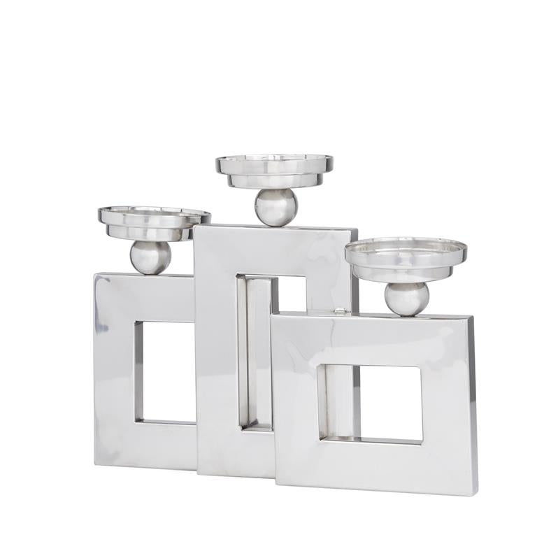 SILVER STAINLESS STEEL PILLAR 3 PLATE CANDLE HOLDER