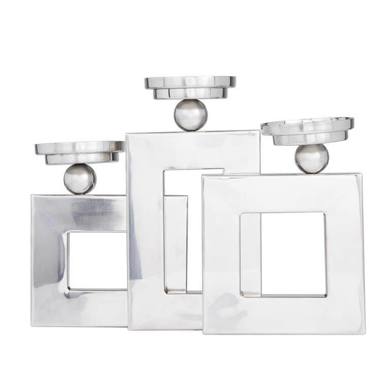 SILVER STAINLESS STEEL PILLAR 3 PLATE CANDLE HOLDER
