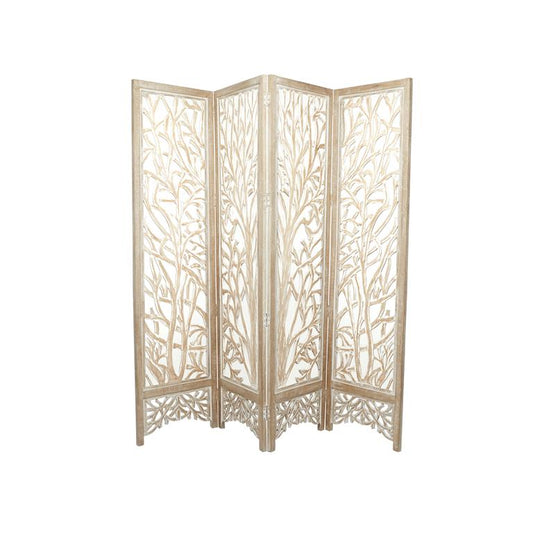 BROWN WOOD TREE HINGED FOLDABLE PARTITION 4 PANEL ROOM DIVIDER SCREEN WITH INTRICATELY CARVED DESIGNS