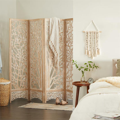 BROWN WOOD TREE HINGED FOLDABLE PARTITION 4 PANEL ROOM DIVIDER SCREEN WITH INTRICATELY CARVED DESIGNS