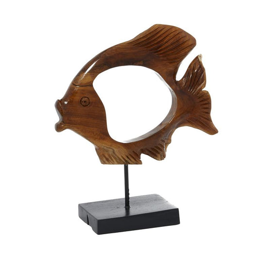 BROWN TEAK WOOD FISH HANDMADE CARVED SCULPTURE WITH STAND
