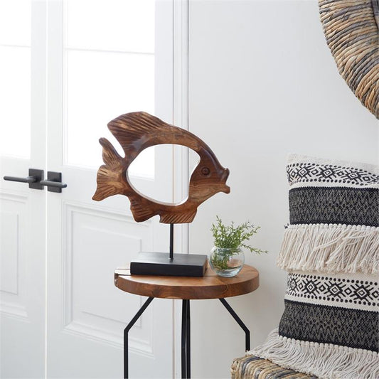 BROWN TEAK WOOD FISH HANDMADE CARVED SCULPTURE WITH STAND